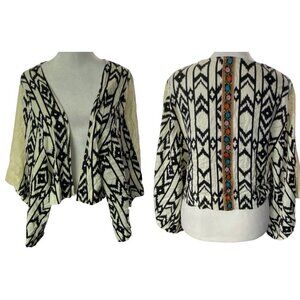 ANAMA Women Open Front Blouse Sz S Black Aztec Design Kimono Lace Sleeve 24-10
